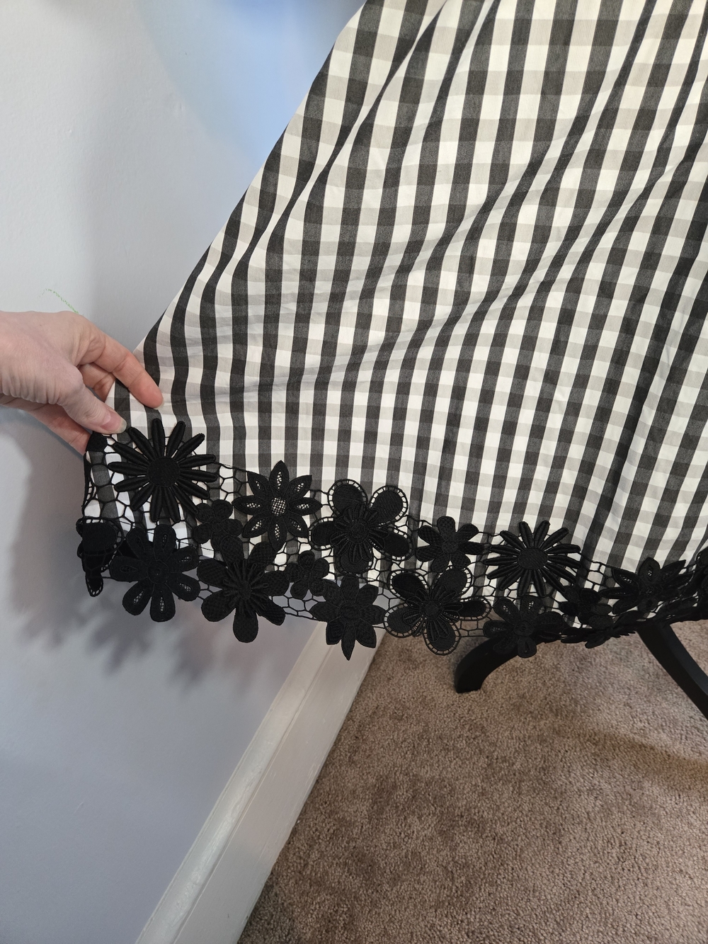 Kate Spade Spring Gingham Puff Sleeve Dress Midi L Black White Floral Lace Trim - Picture 3 of 9